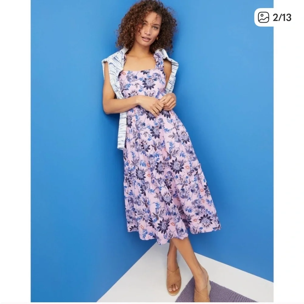 J Crew Square Neck Tiered Floral Pink and Blue Dress